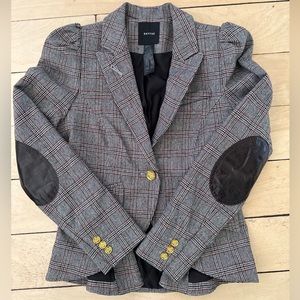 8 Small SMYTHE EQUESTRIAN TARTAN PLAID leather ELBOW PATCH JACKET BLAZER